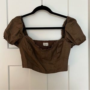 Aritzia brown linen crop top puff sleeve size medium